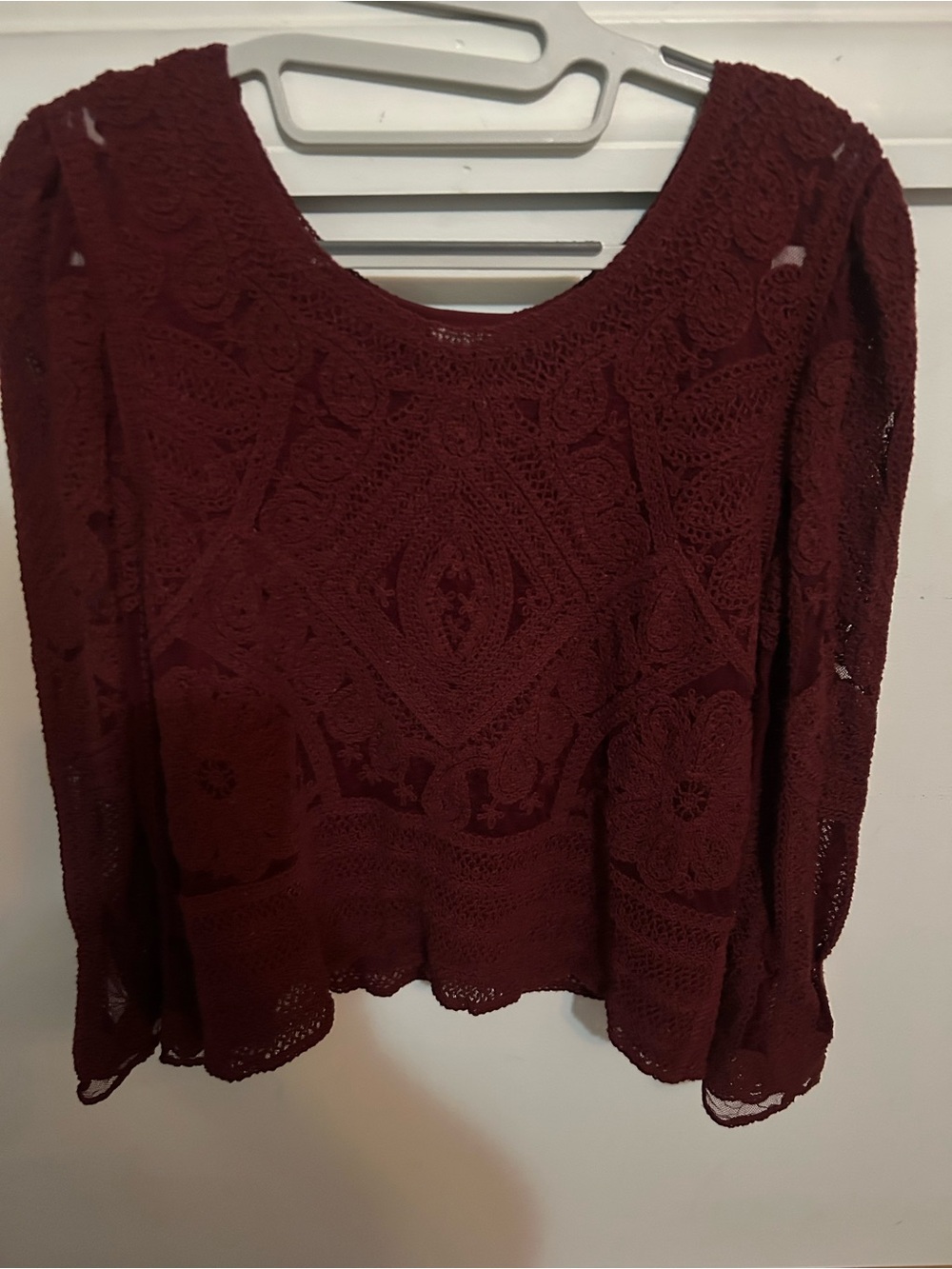 Ultra Pink Crochet Lace Long Sleeve Top - Deep Maroon